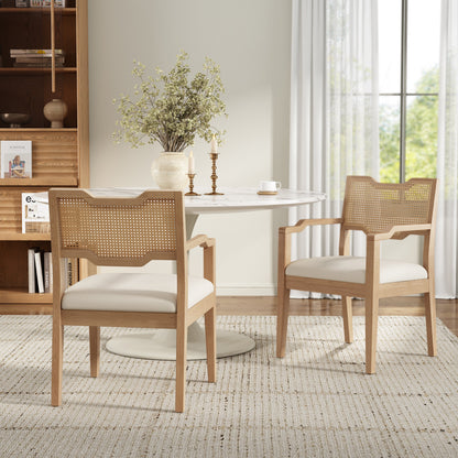 Farmhouse Dining Chairs Set of 2 with Upholstered Seats and Rattan Backrest