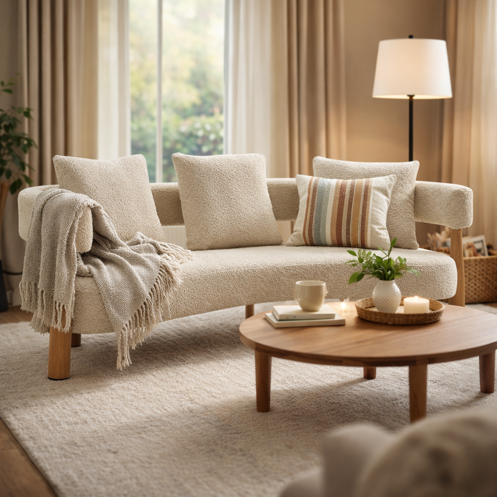 Luxe 76.5 in. Curved 3-Seater Modern Upholstered Boucle Sofa, Sesame