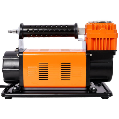 Heavy Duty 12V Air Compressor, Tire Inflator With Pressure Gauge, Compact Size - Black / Orange