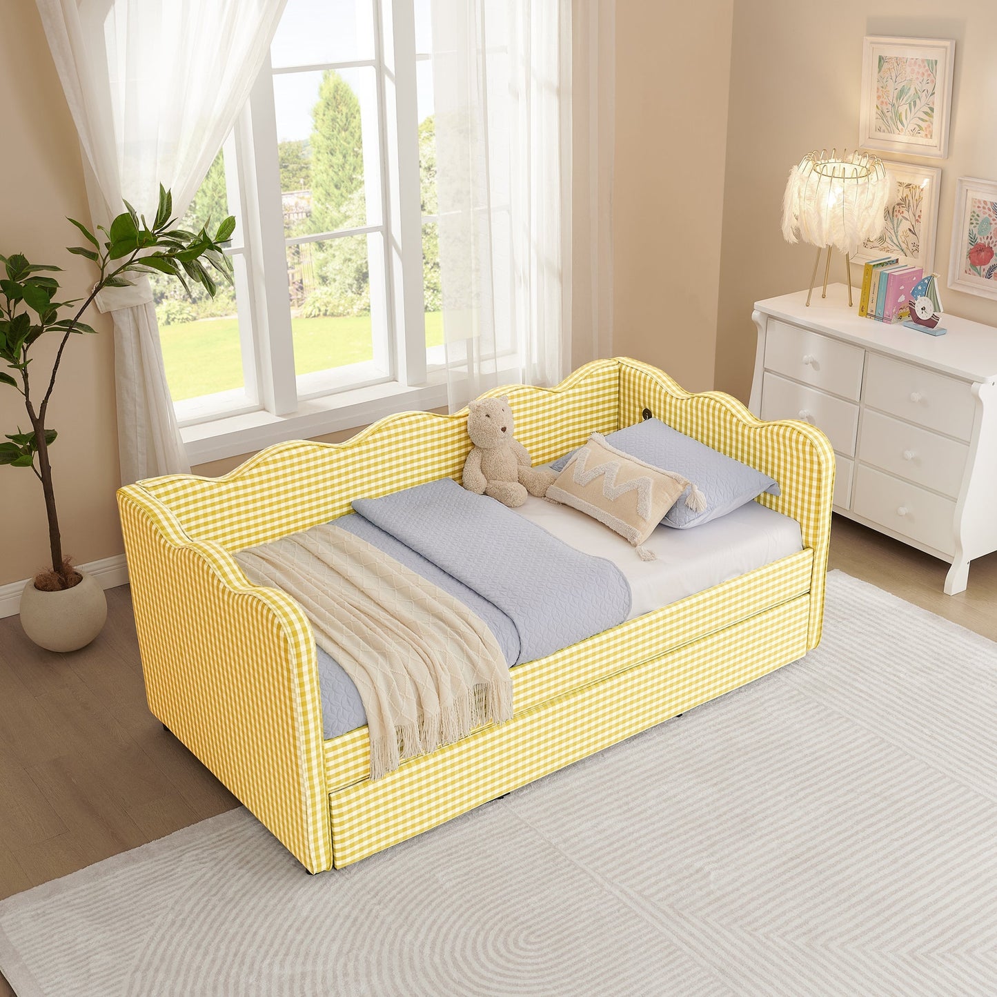 Cozy Gingham Daybed with Trundle Twin Size Sofa Bed