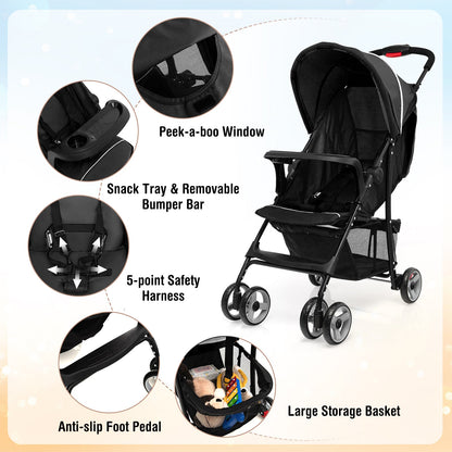 Toddler Travel Stroller for Airplane with Canopy and Adjustable Backrest-Black