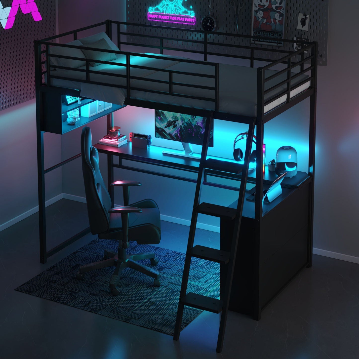 Loft Bed With LED Desk And 4 Storage Shelves