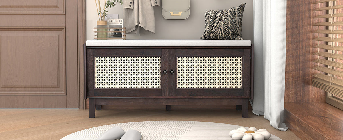 TREXM Boho Rattan Entryway Bench with Storage
