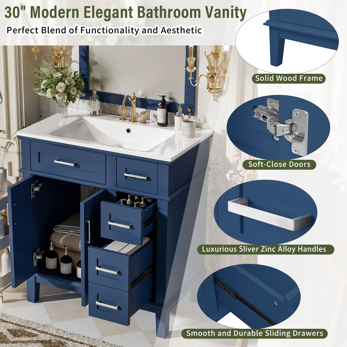 Modern Bathroom Vanity With Sink, Storage Cabinet, Soft Close Doors, Deep & Standard Drawers