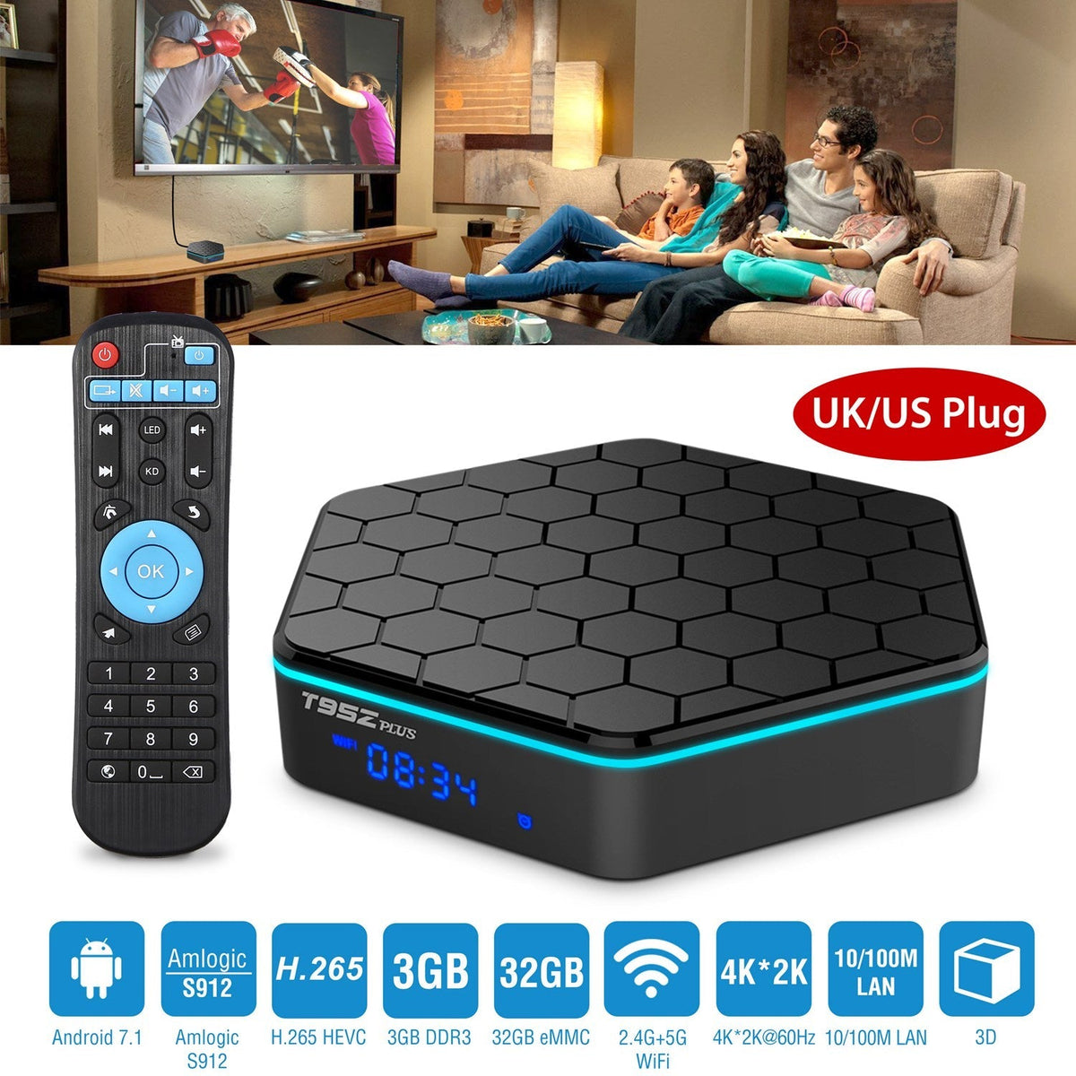 Android 7.1 TV Box Amlogic S912 Octa Core 3GB / 32GB UHD 4K VP10 H.265 WiFi_x000B__x000B_USB2.0 Smart Streaming Media Player US UK Plug