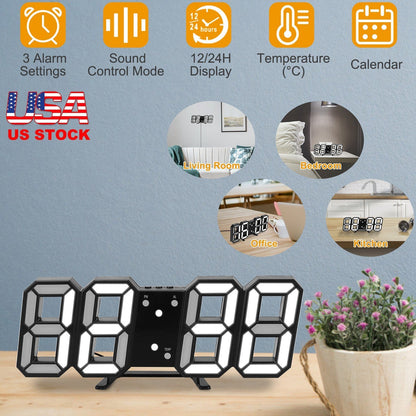 3D LED Digital Wall Clock Sound Control Table Desk Alarm Clock w/ 3 Auto Adjustable Brightness Snooze Date Temperature 12/24Hr Time Display For Office