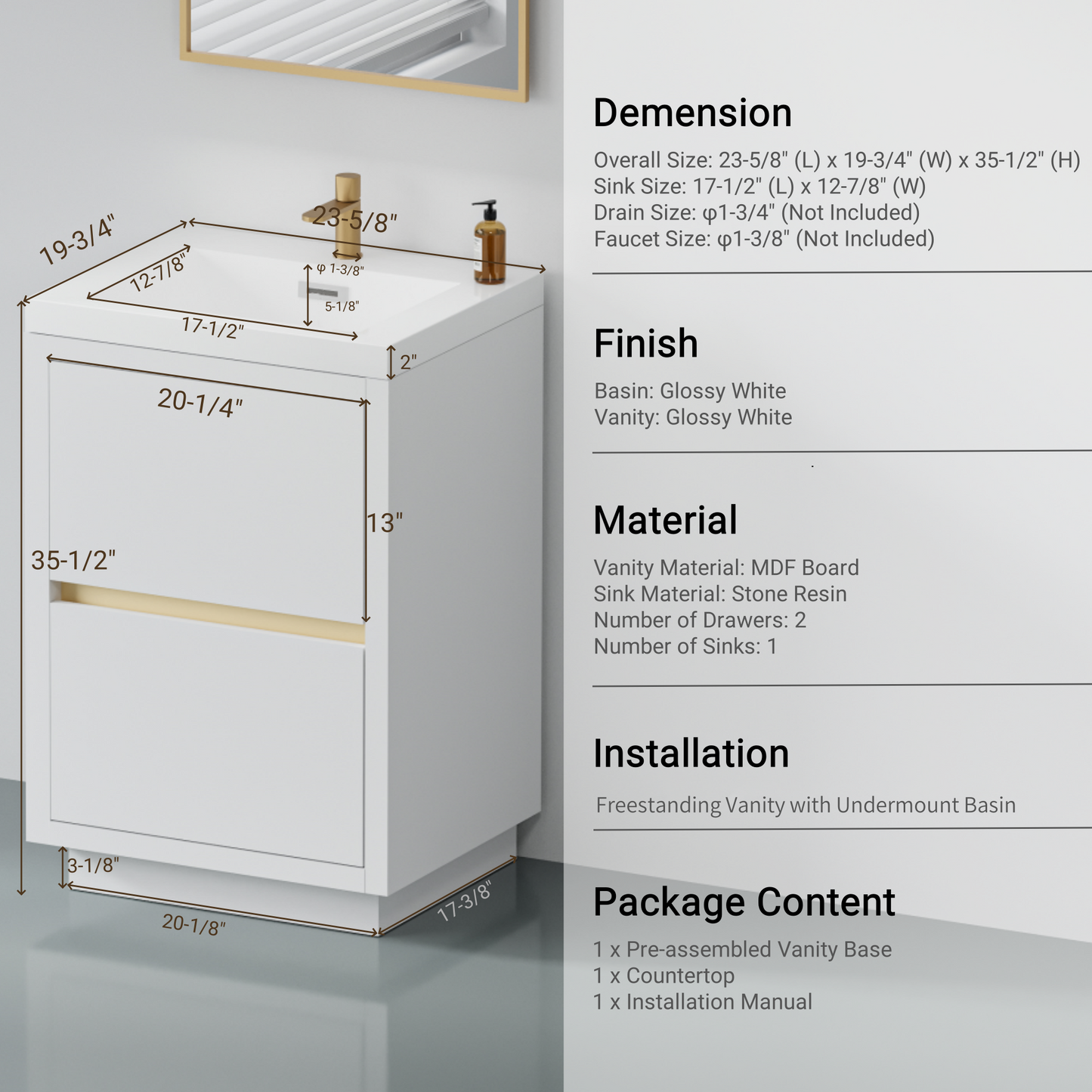 24" Freestanding Bathroom Vanity with Sink and Storage Cabinet