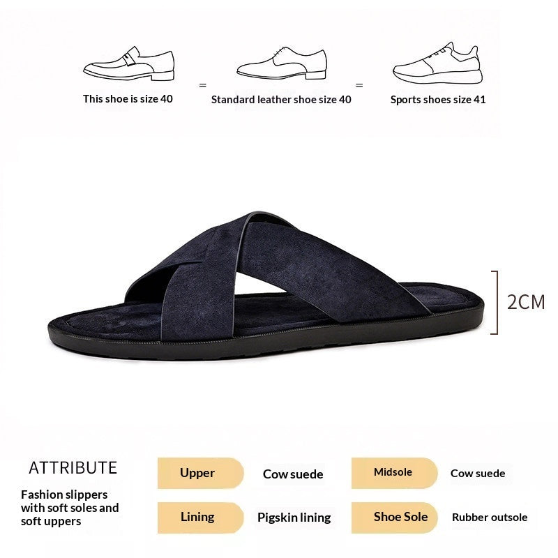 Mens Suede Slippers Summer Outdoor Cross-Strap Sandals