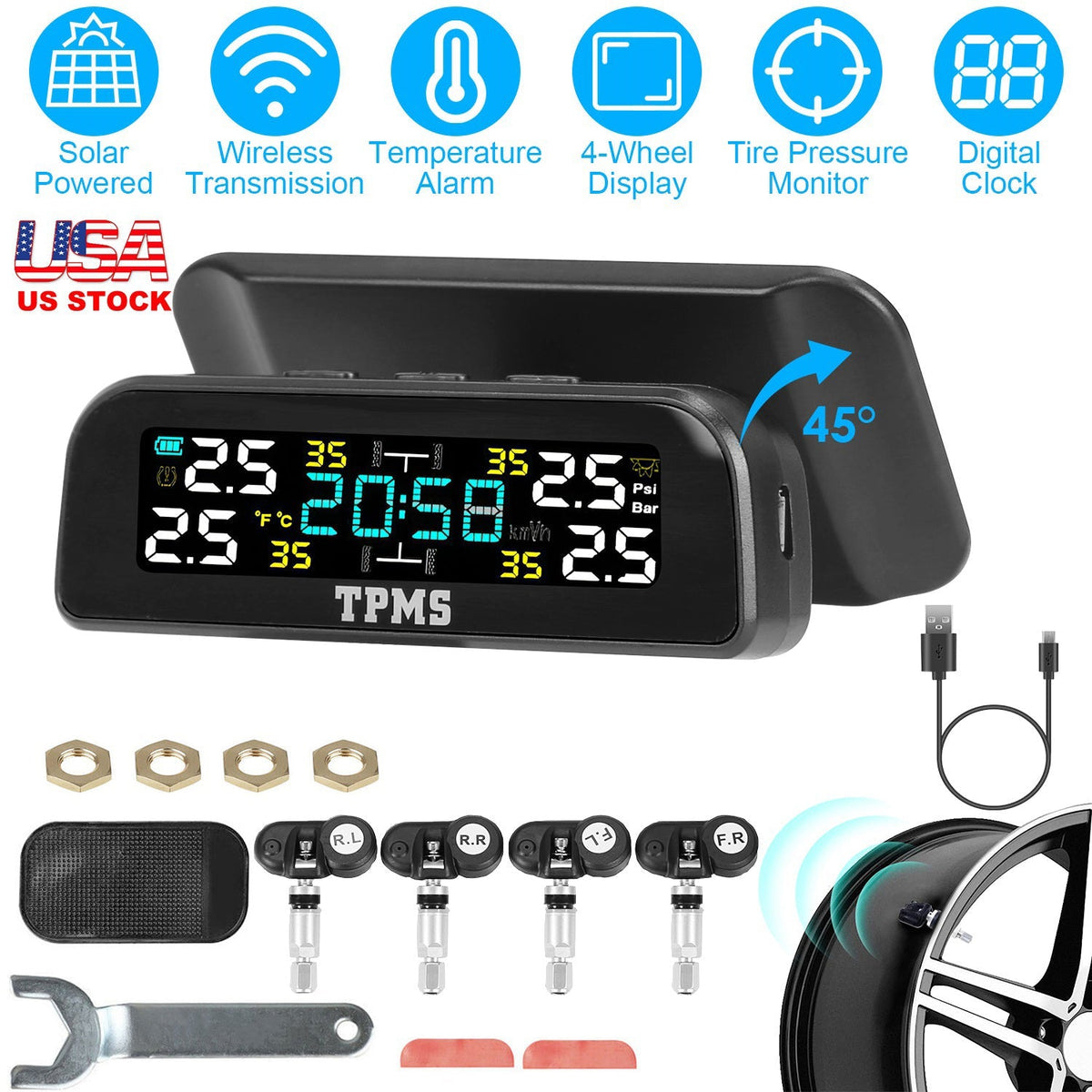 Wireless Solar Car Tire Pressure Monitoring System Auto Tire Pressure Monitor with Built-in Sensors Temperature Alarm for Car SUV Sedan RV