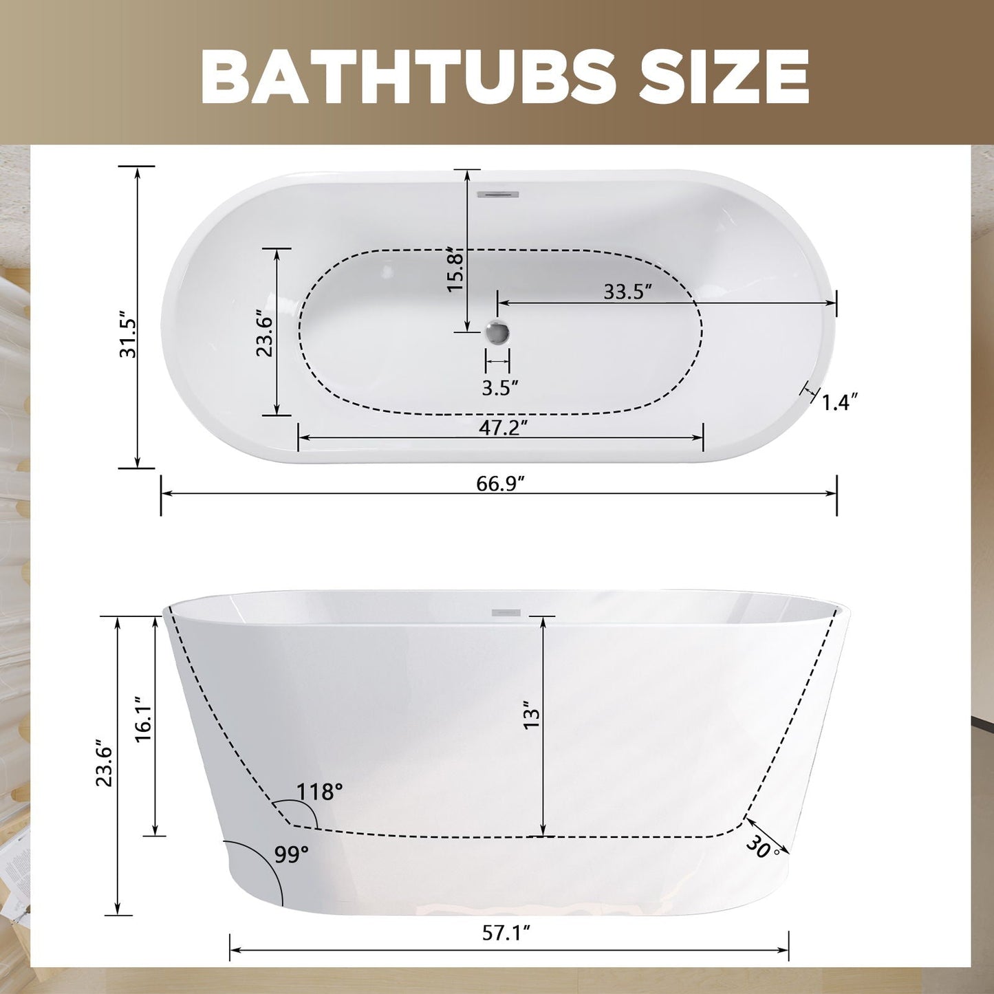 Glossy Freestanding Bathtub With Toe Tap Drain