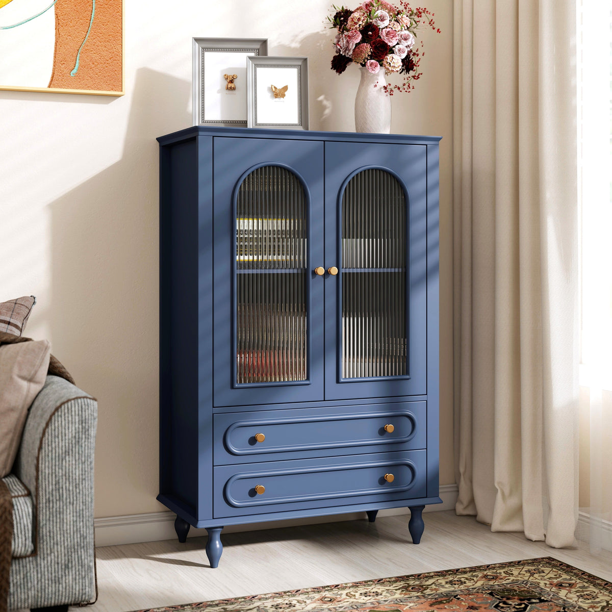 46.5'' Glass Display Cabinet with Ribbed Glass Doors