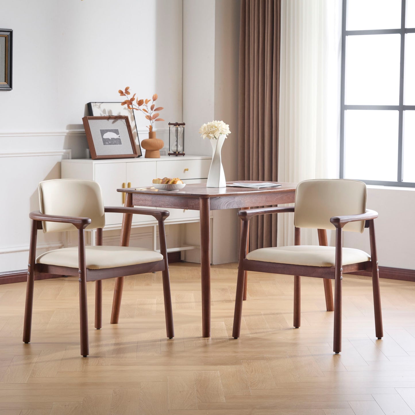 Dining Room Chairs, Ideal For Home & Kitchen (Set of 2) - Beige / Dark Walnut