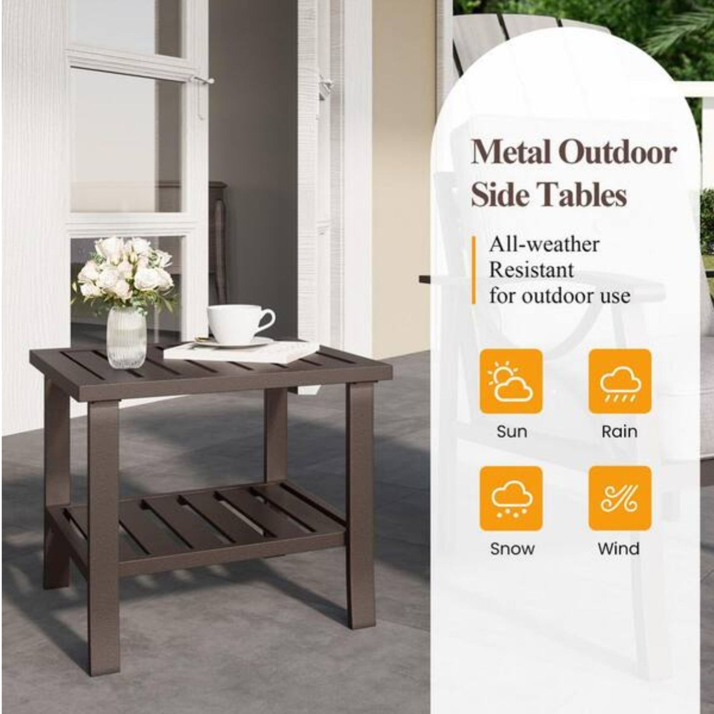 Square 2 Tier All-Weather Outdoor Side Table With Slatted Top