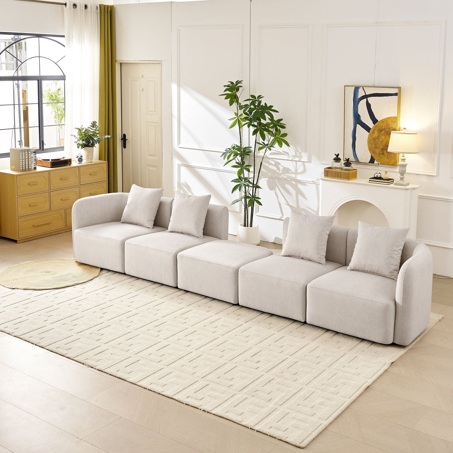 L-Shaped Modular Sectional Sofa With Ottoman, Living Room Furniture Set - Beige