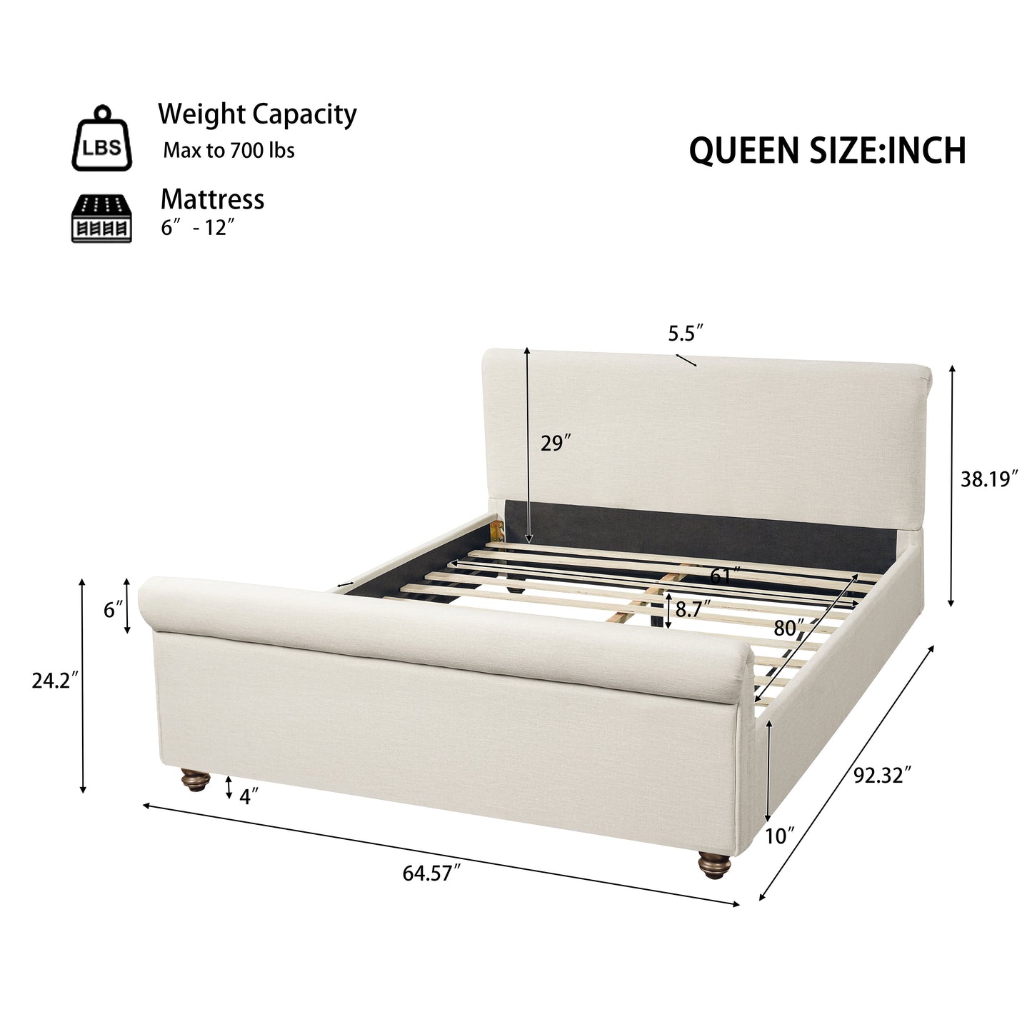 Queen Size Upholstered Bed Frame With Linen Fabric