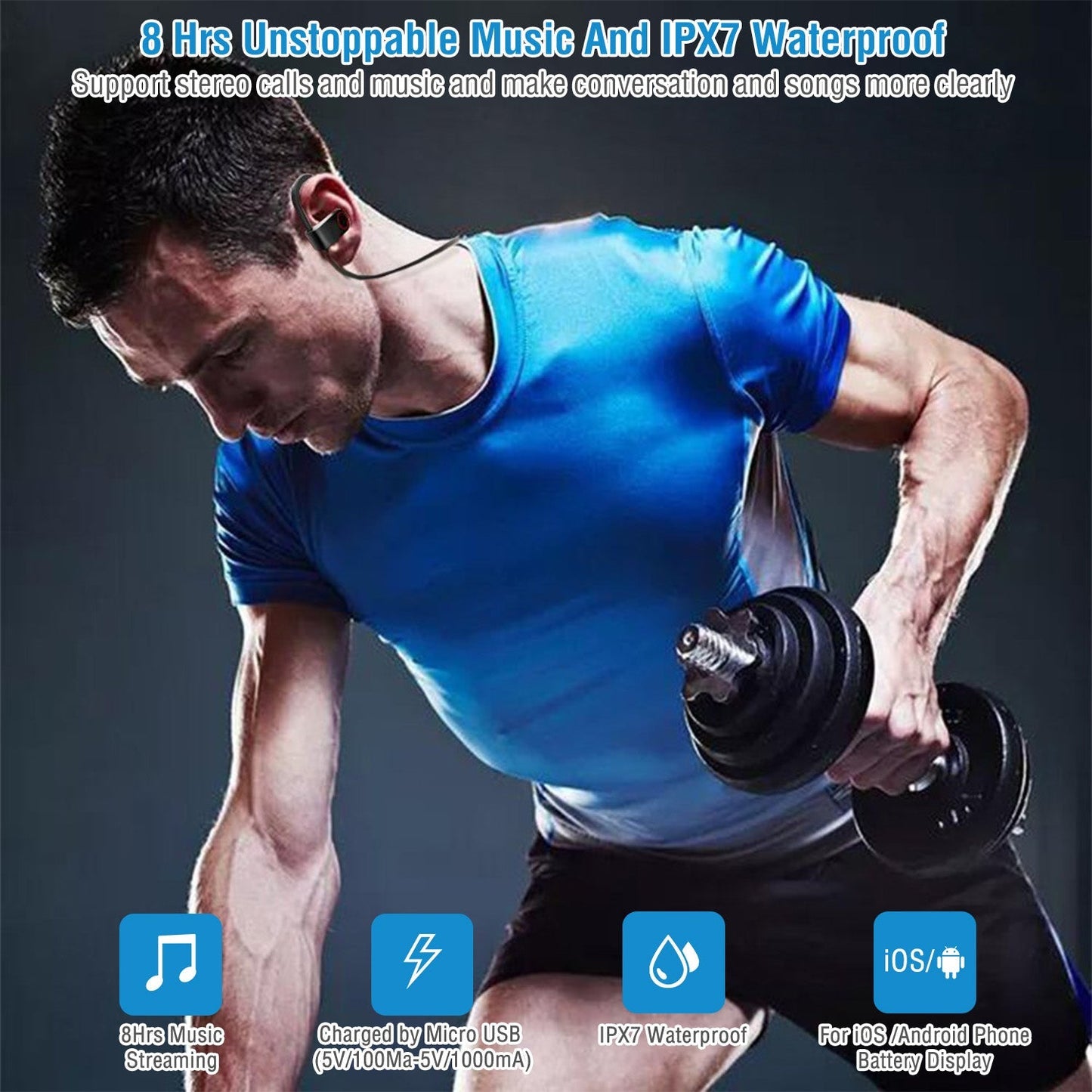 Wireless Headset IPX7 Waterproof Sport Headphones In-Ear Wireless4.1 Stereo Earphone Noise Canceling Neck Earbuds w/Mic 8 Hrs Work Time for Running Hi