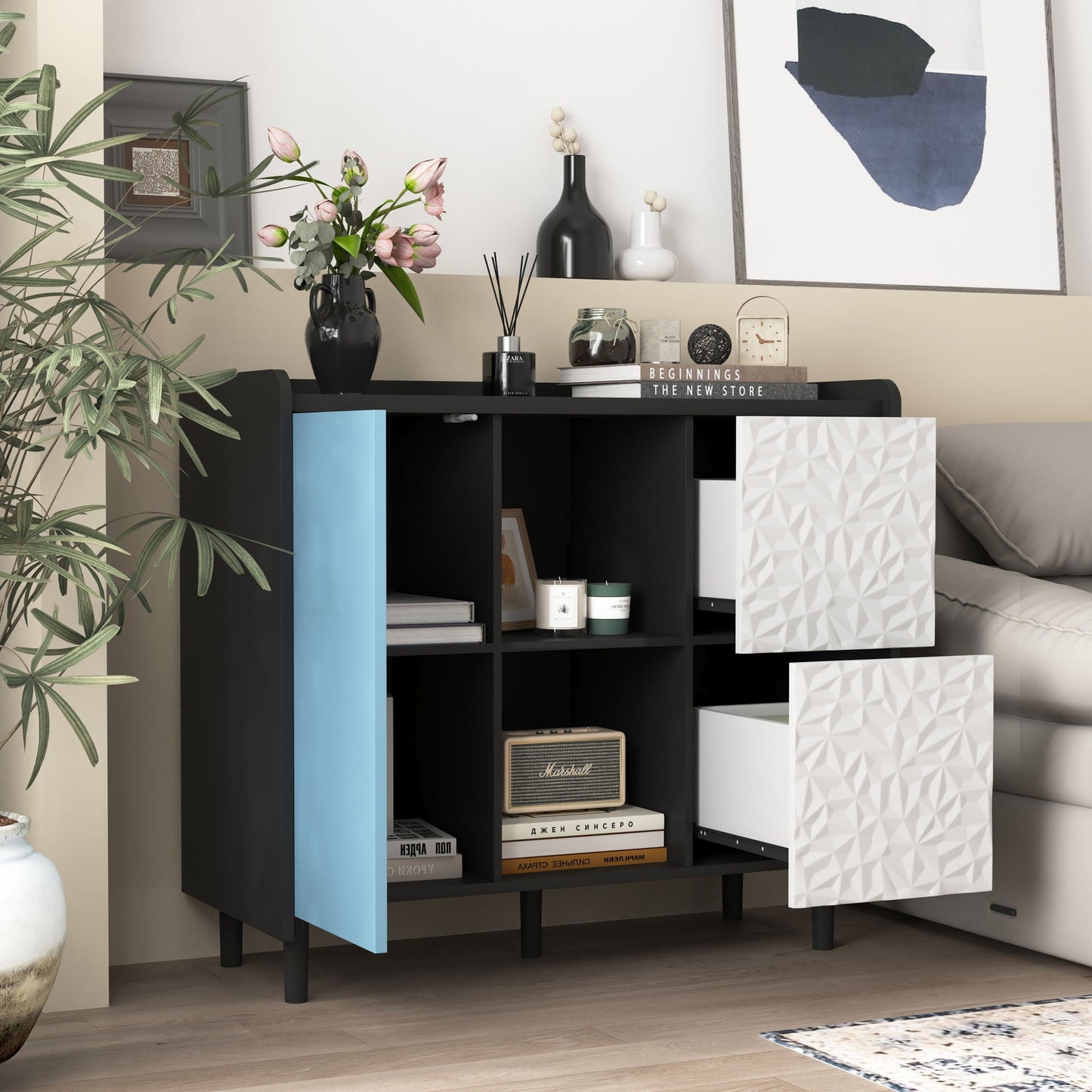 Modern Sideboard Buffet Cabinet With Doors And Unique Panel Styling