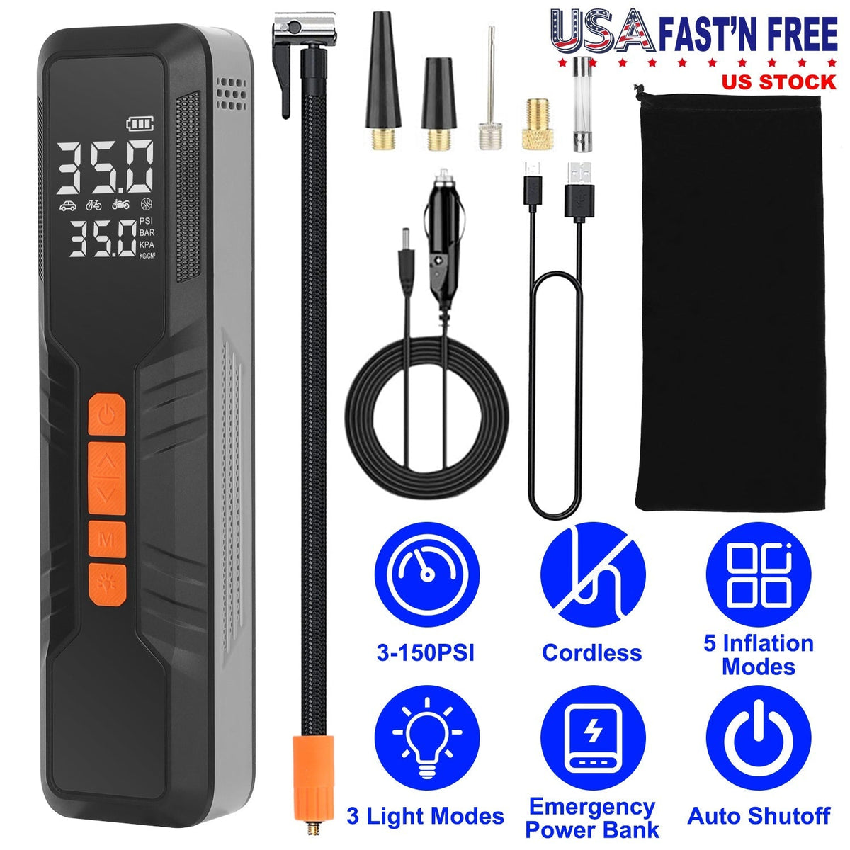 150PSI Portable Tire Inflator Cordless Digital Air Compressor Compact Air Pump with 5 Inflation Modes 3 Light Modes Emergency Power Bank