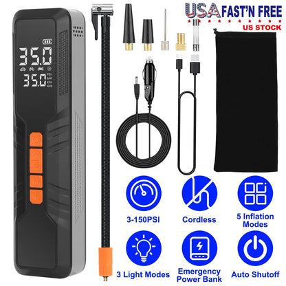150PSI Portable Tire Inflator Cordless Digital Air Compressor Compact Air Pump with 5 Inflation Modes 3 Light Modes Emergency Power Bank