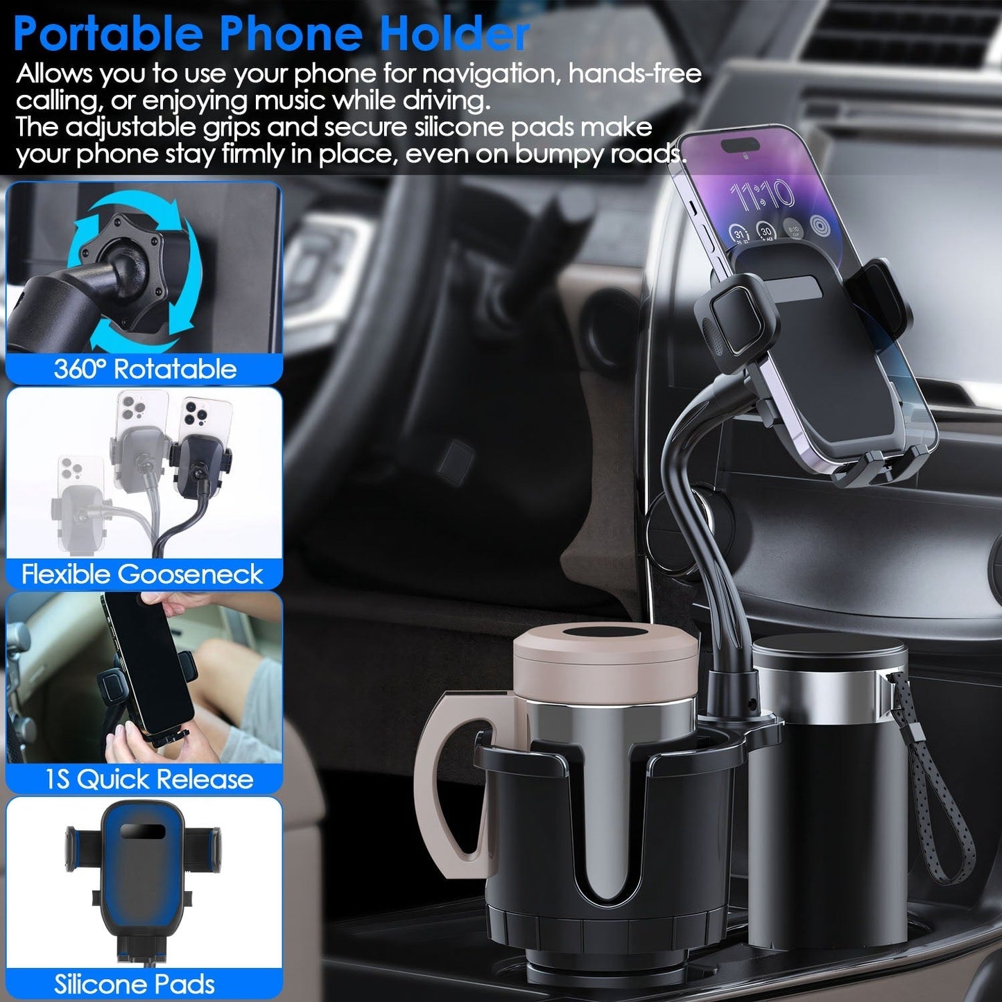 2 In 1 Car Cup Phone Holder Automotive Drink Holder with 360¡ Rotating Gooseneck Phone Mount Adjustable Base Fit for Most Phones Cups Vehicles