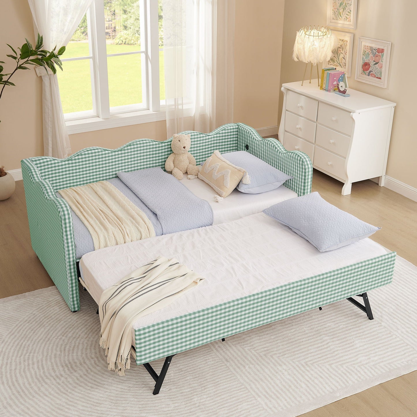 Gingham Daybed With USB Charging Port, Wave Shaped Design