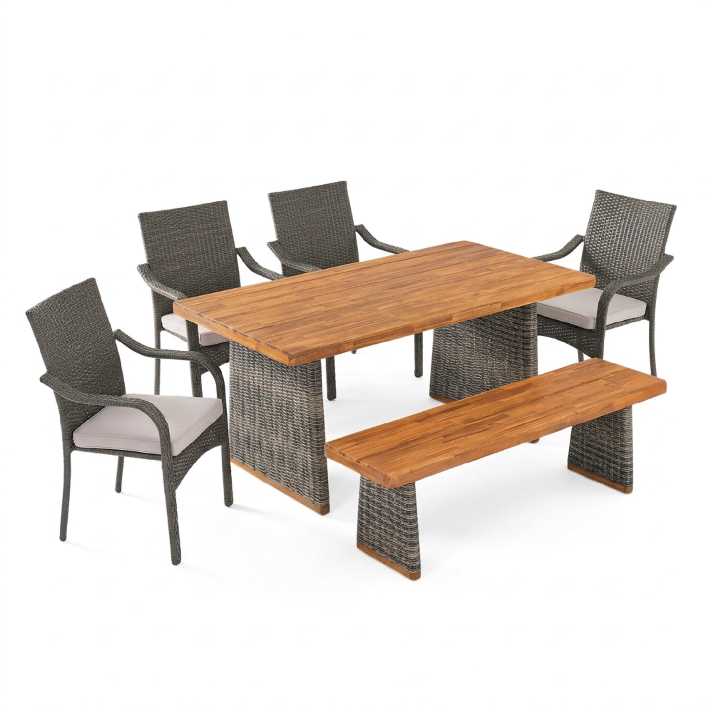 6 Pcs Outdoor Acacia Wood Dining Set with PE Rattan Stacking Chair