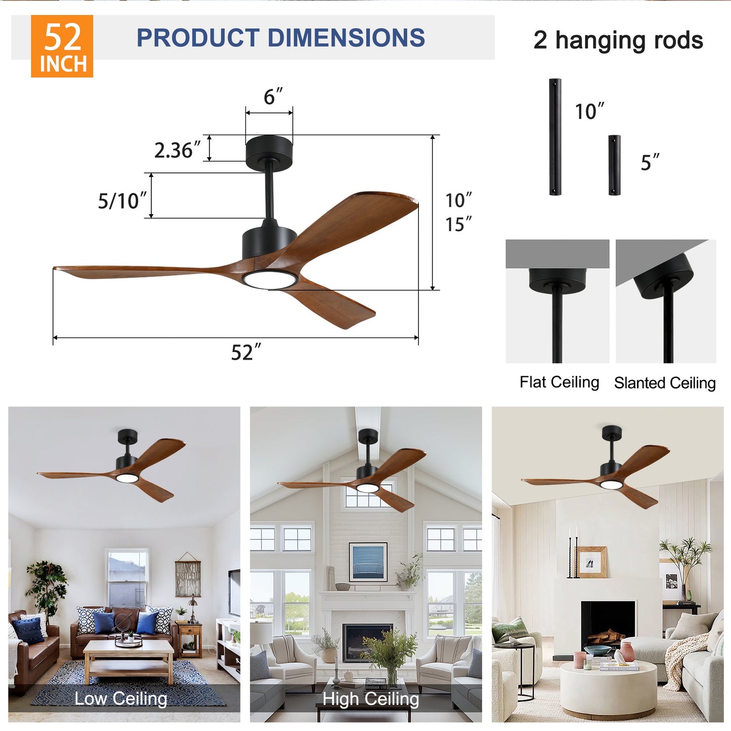 52 Inch Solid Wood Ceiling Fan with Light Kit and Remote Control