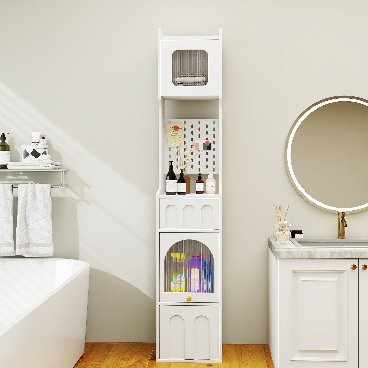 70.87" H Tall Bathroom Storage Cabinet with 1 Door and 2 Drawers