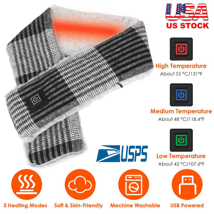Electric Heated Scarf USB Heating Neck Wrap Unisex Winter Heated Neck Shawl Soft Warm Scarves w/ 3 Heating Modes