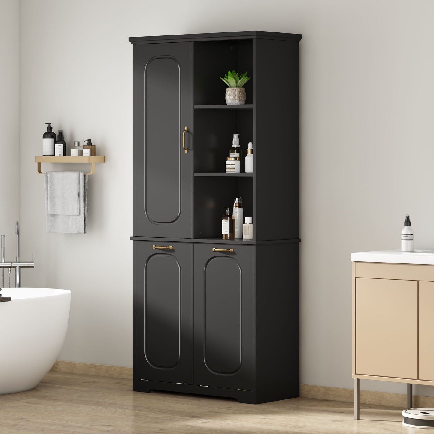 Freestanding Tall Storage Cabinet With 2 Tilt-Out Hampers