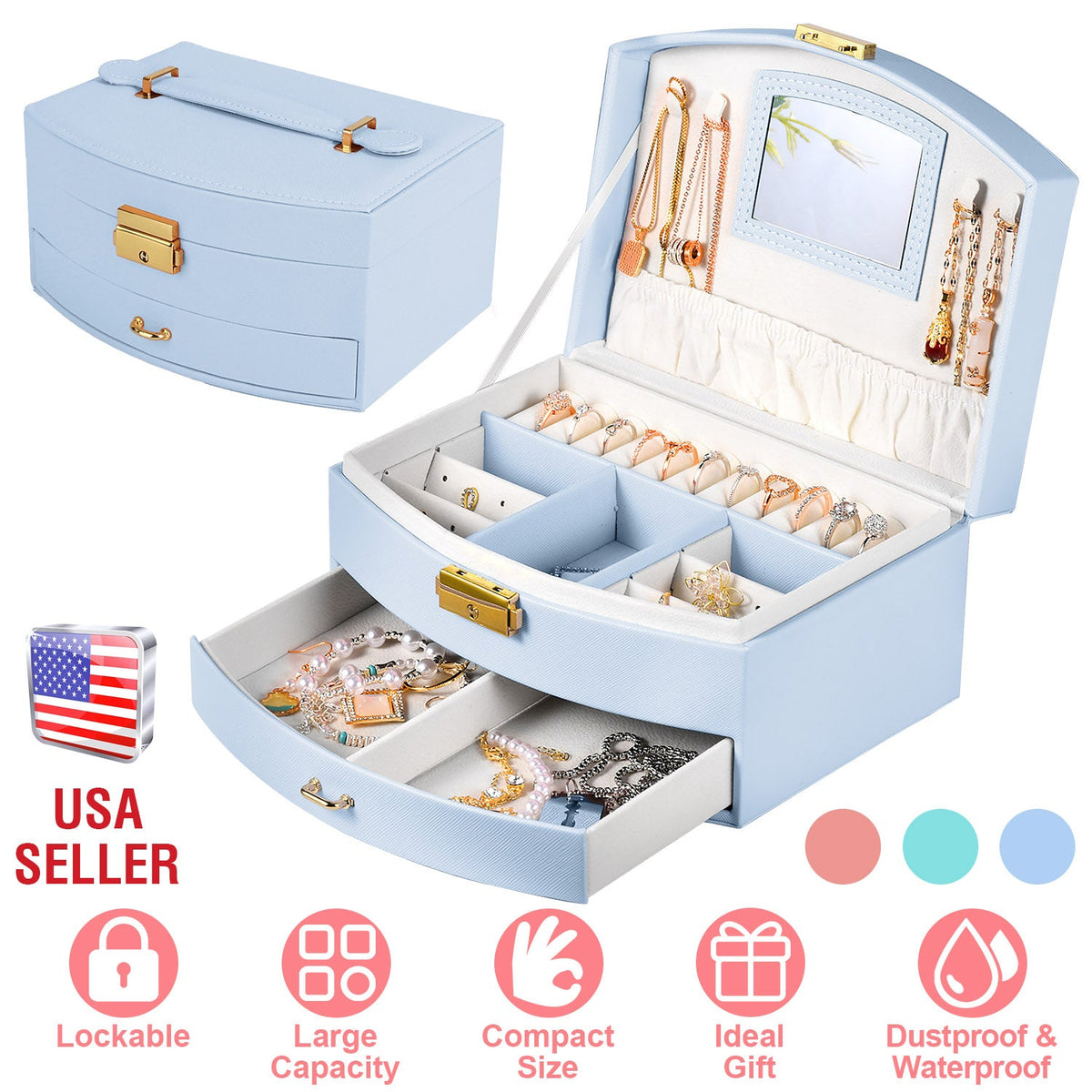 2-Layer Lockable Jewelry Box with Travel Handle