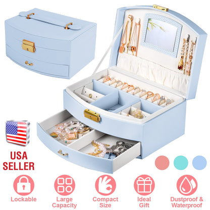 2-Layer Lockable Jewelry Box with Travel Handle