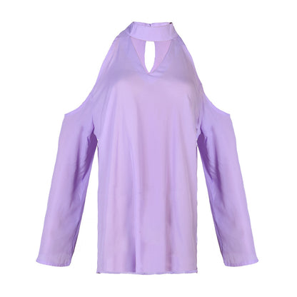 Women\'s Sexy Off The Shoulder Blouses Cold Shoulder Tops V-Neck Long Sleeve T-Shirt Solid Color Summer
