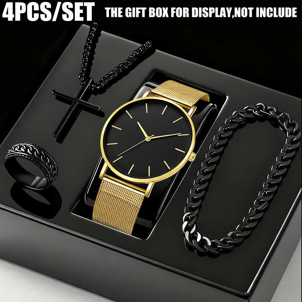 Men's Fashion Watch Ring Necklace Bracelet Set - Stainless Steel Jewelry Collection for Daily Wear