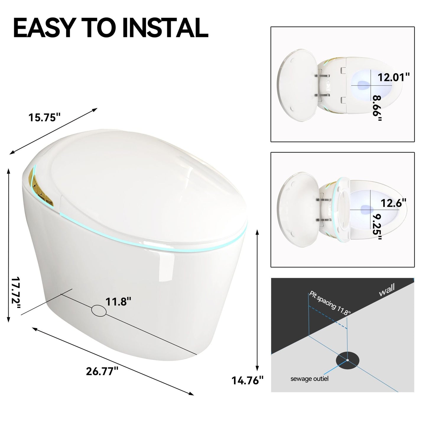 Unique Smart Toile With Built In Bidet, Auto Open / Close Seat, Foot Sensor, LED Display, Night Light, Warm Water & Dryer Ceramic