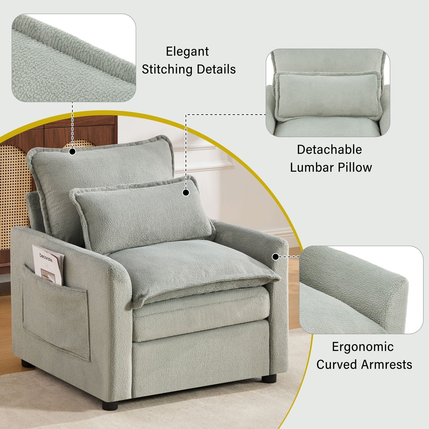 Modern Single Seat Accent Chair With Side Storage Pockets
