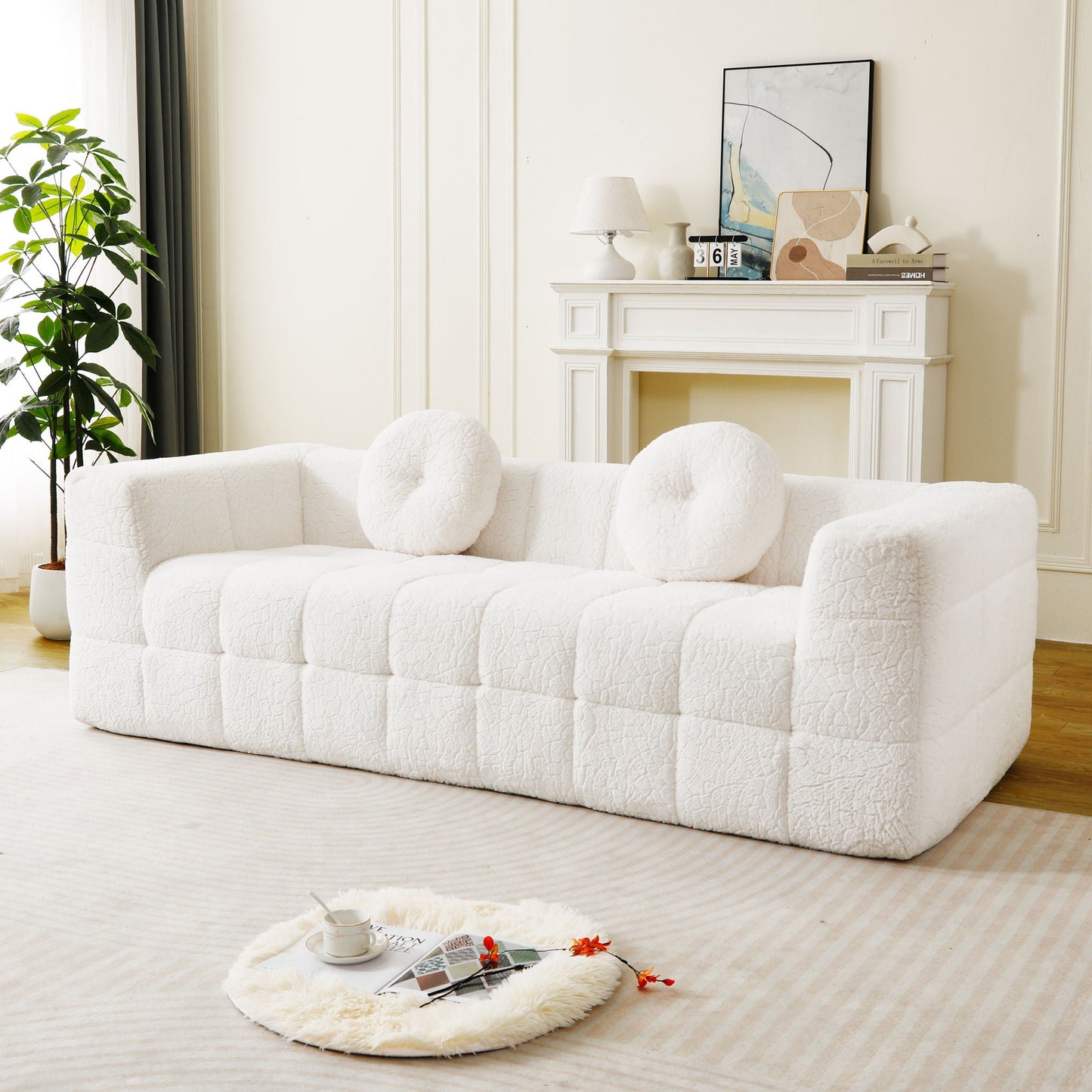 Boneless 3 Seater Sofa With Circular Throw Pillows - Beige