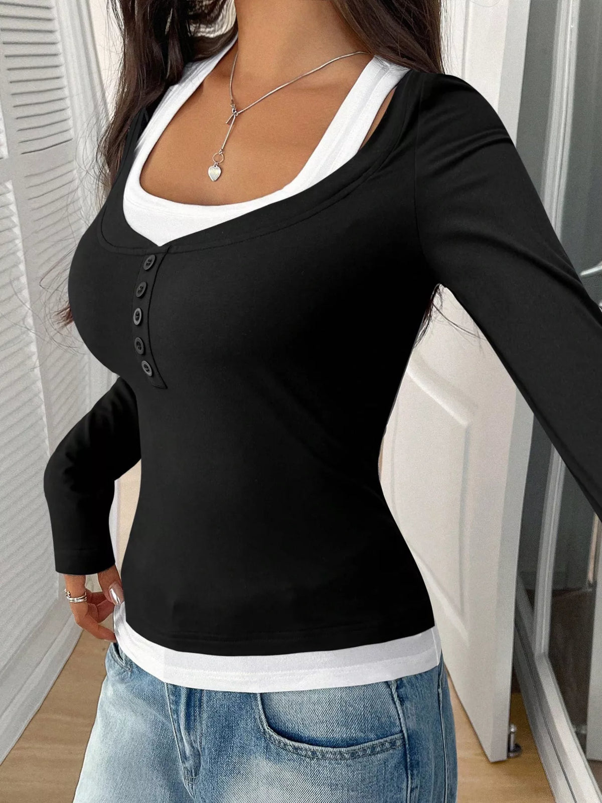 Scoop Neck Fake Two-Piece T-Shirt