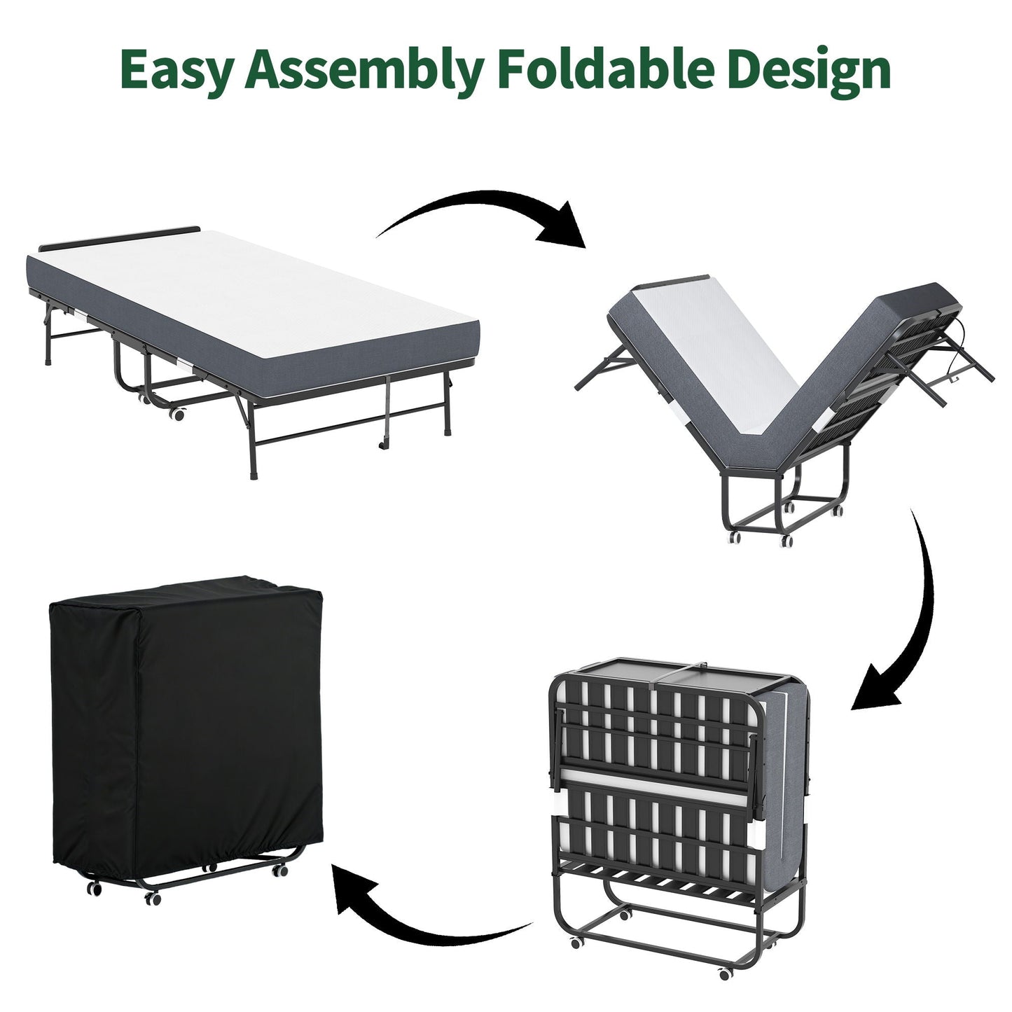 Twin Folding Bed With Adjustable Headboard, Memory Foam For Tall People, Heavy-Duty Portable On Wheels, Easy Assembly - Black