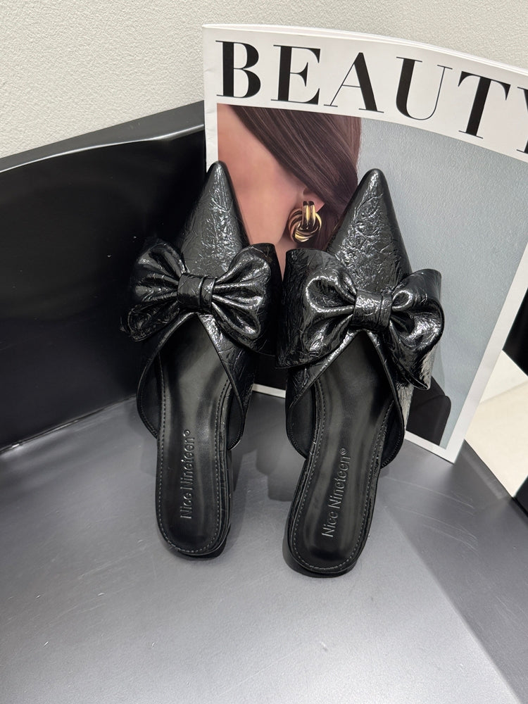 Women New Spring Summer Pointed Toe Bow V-Cut Mules, Elegant Flat Closed Toe Slide Sandals For Outdoor Wear