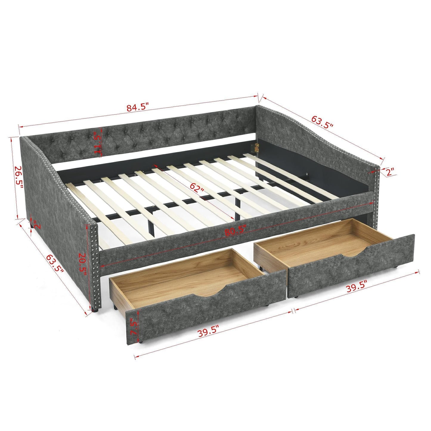 Upholstered Tufted Daybed With 2 Drawers, Waved Arms