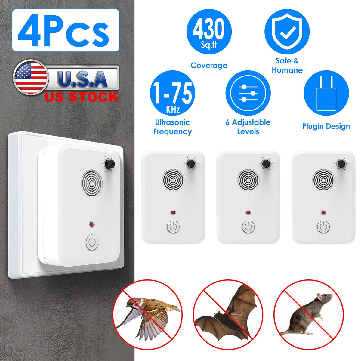 4Pack Plug In Ultrasonic Bat Repellent Indoor Bird Mouse Deterrent Device with 6 Adjustable Levels for Attic Garage Kitchen Warehouse