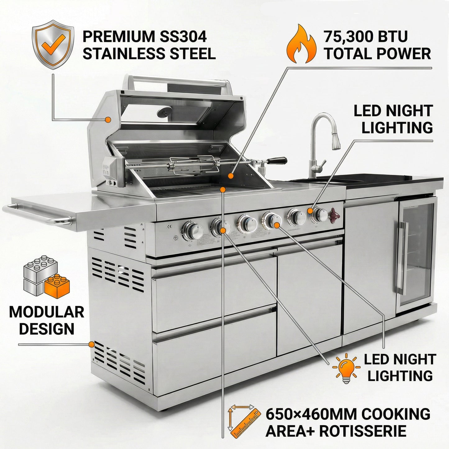 84-Inch Deluxe Stainless Steel Outdoor Kitchen Barbecue Island Grill