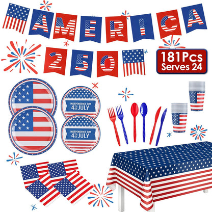 4th of July Party Supplies Set for 24 Guests - 181 Pieces