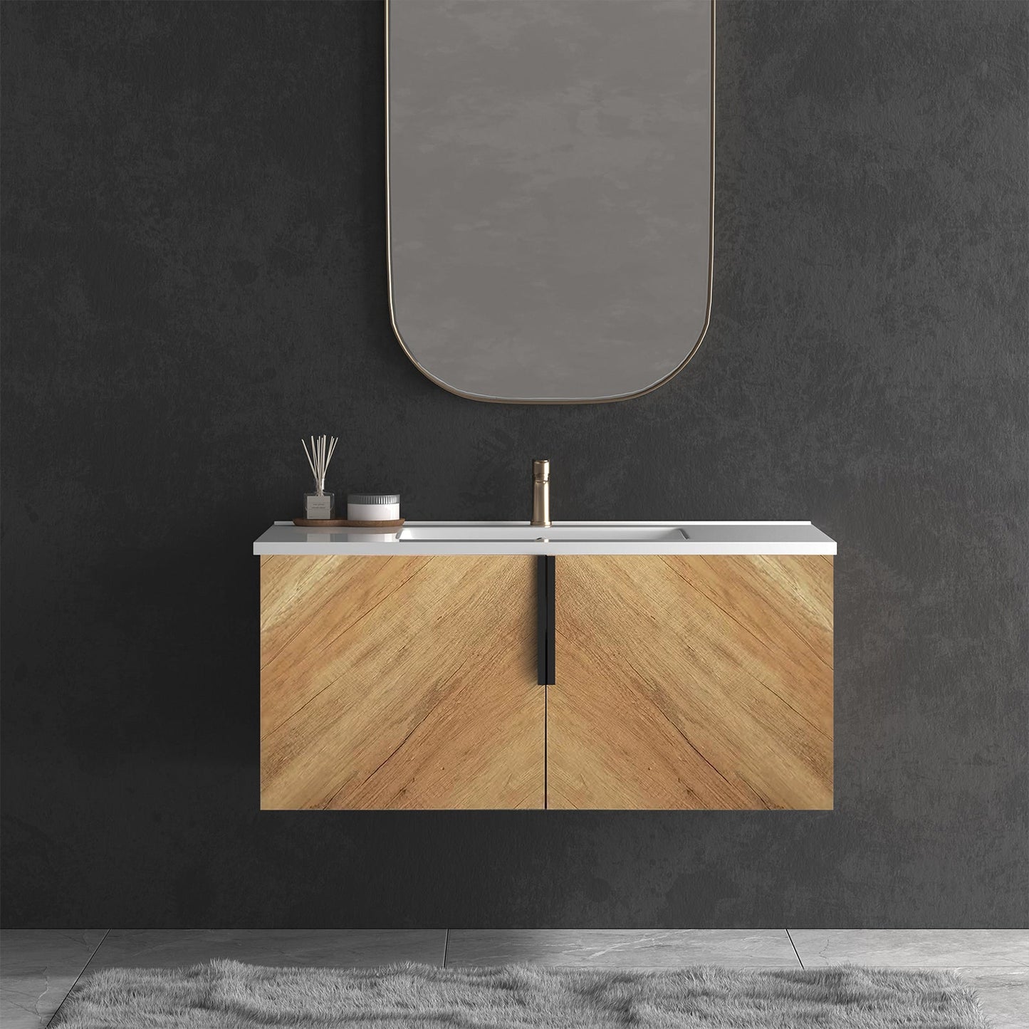 36 Inch Wall-Mounted Bathroom Vanity with 3D Fluted Panel & Ceramic Integrated Sink