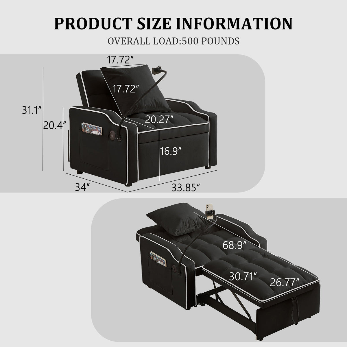 Sleeper Sofa Chair Bed - 3 In 1 Convertible Sofa