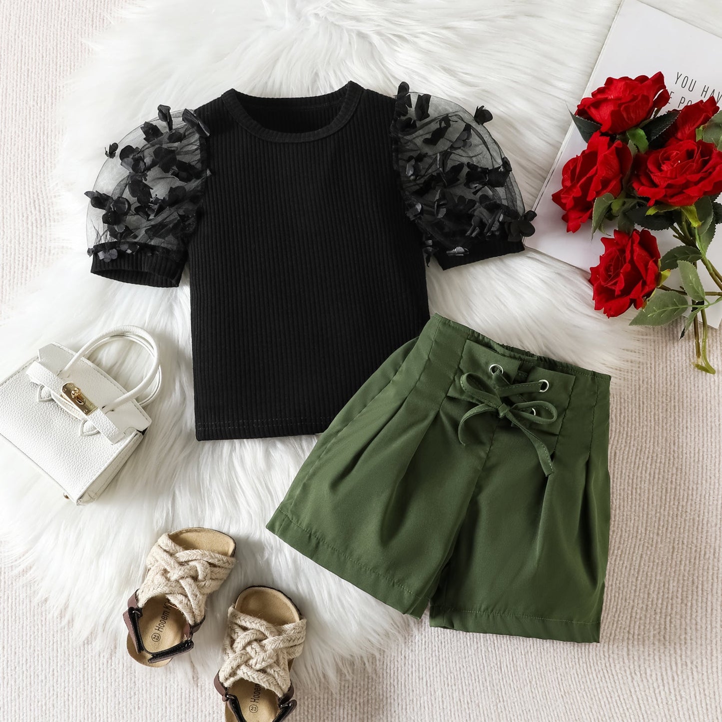 Summer Mesh Three-dimensional Petals Short Sleeve Shorts For Girls Suit