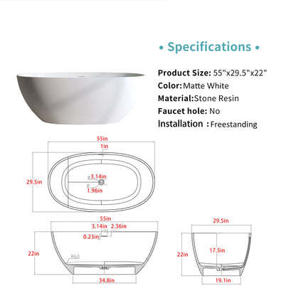 55" Solid Surface Matte Tub - Freestanding Soaking Bathtub