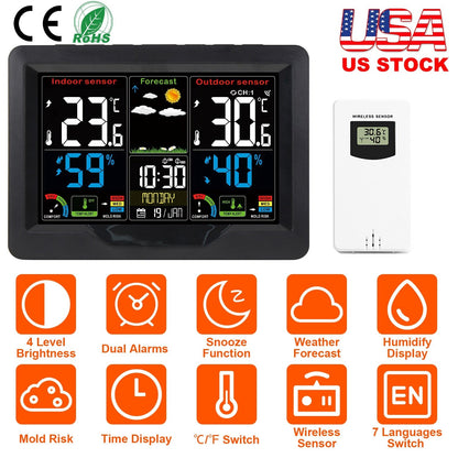 Electric Weather Station Snooze Alarm Clock Wireless Sensor Indoor Outdoor Thermometer Humidity Weather Forecast Temperature Frost Alert with Backligh