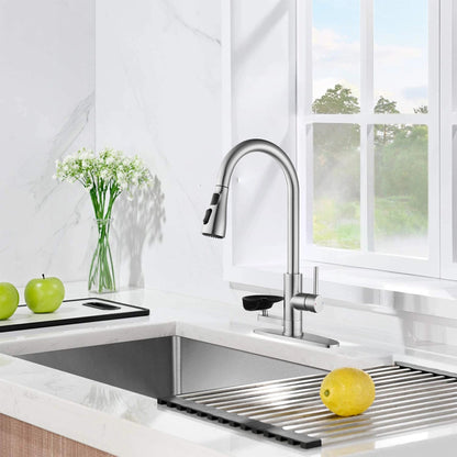 3-in-1 Kitchen Faucet with LED Temperature Display, Press-Type Glass Rinser, Pull-Down Sprayer, 3 Spray Modes, Brushed Nickel Finish, Stainless Steel Construction